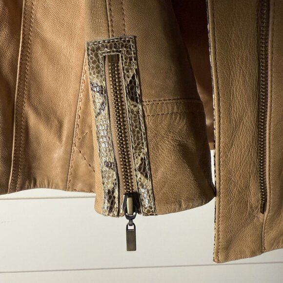 ETCETERA Leather Jacket- Sz 2 Tan with Snakeskin Look Trim, Deco Stitching,... - Picture 6 of 12